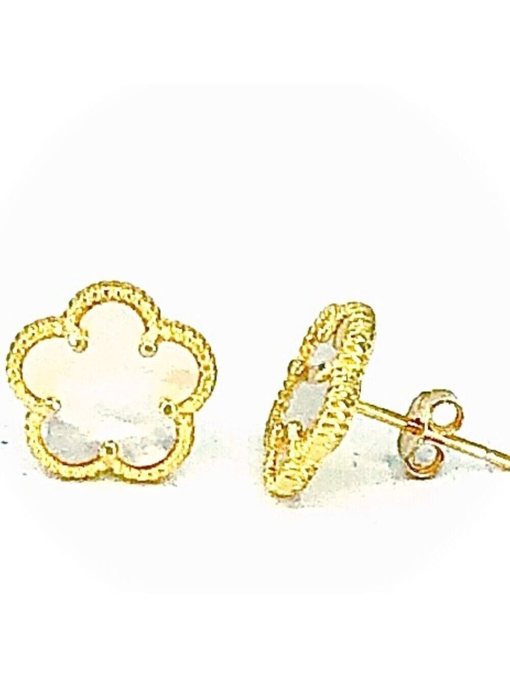Clover 5 Leave Stud Earrings 18k GP 925 Sterling Silver / Mother of Pearl - Picture 4 of 6